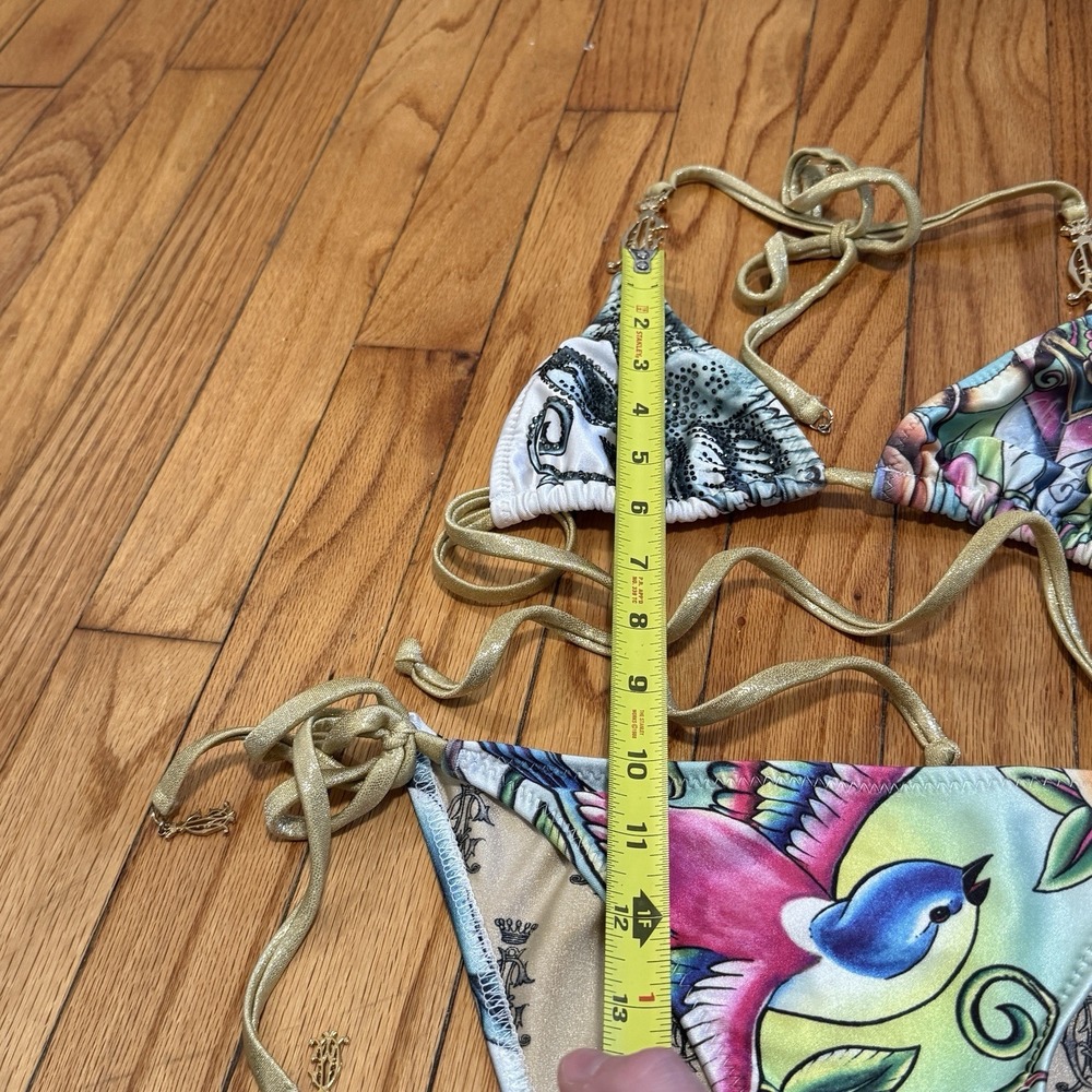 Christian Audigier Y2K Rhinestone Bird Print String Triangle Bikini Size Small - Picture 5 of 9